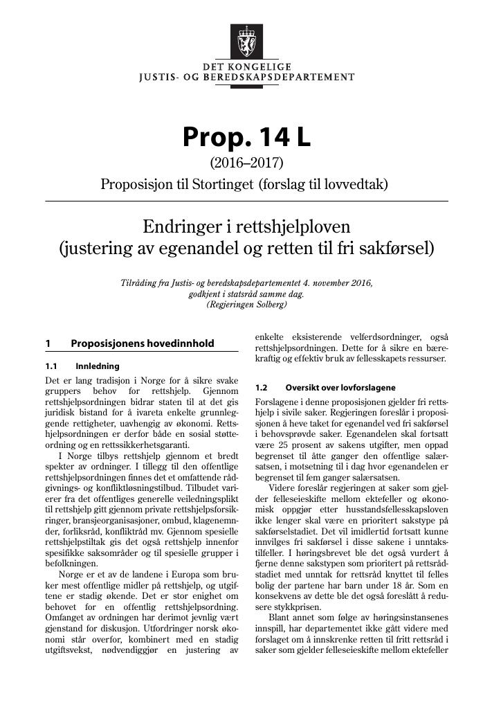 Forsiden av dokumentet Prop. 14 L (2016–2017)
