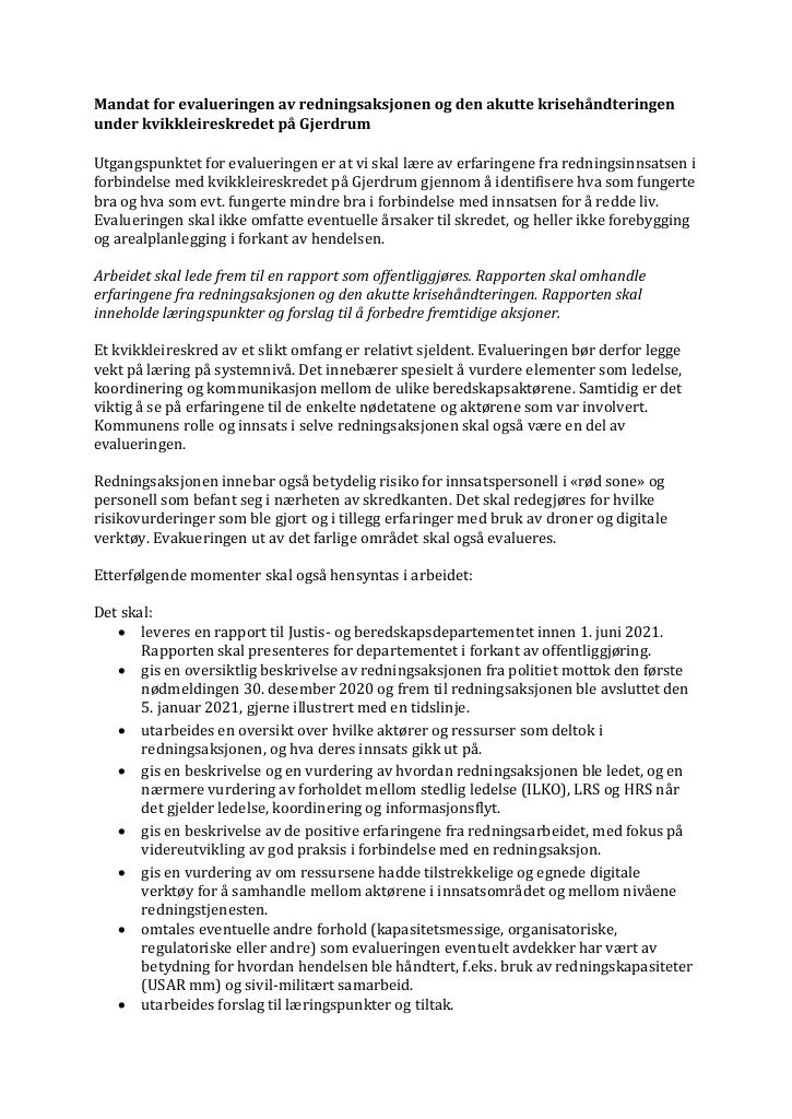 Forsiden av dokumentet Mandat for evalueringen av redningsaksjonen og den akutte krisehåndteringen under kvikkleireskredet på Gjerdrum (PDF)