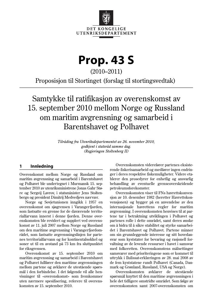 Forsiden av dokumentet Prop. 43 S (2010–2011)