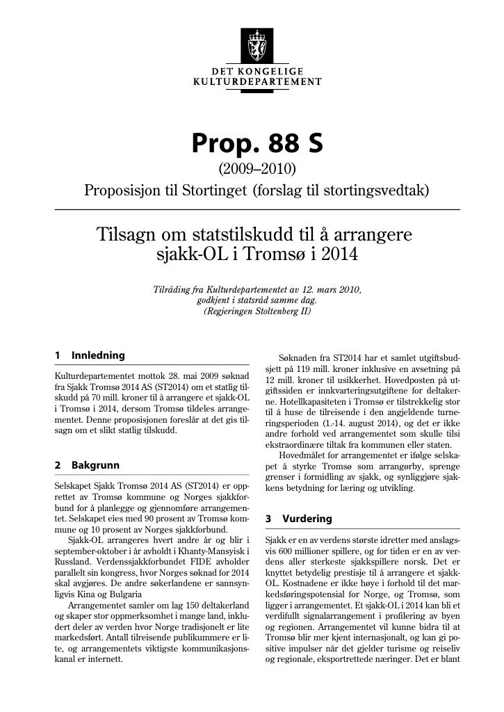 Forsiden av dokumentet Prop. 88 S (2009-2010)