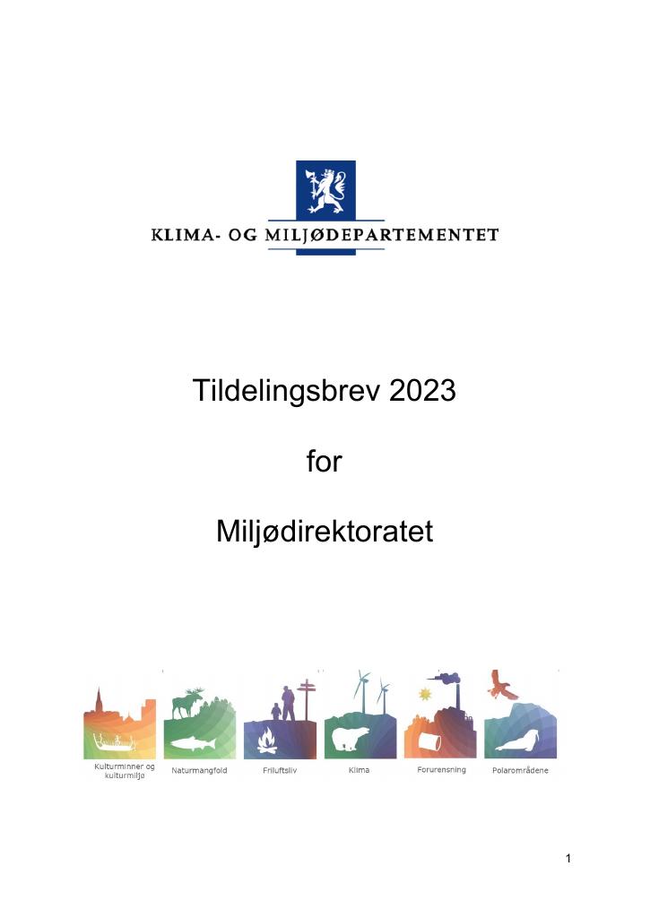 Forsiden av dokumentet Tildelingsbrev Miljødirektoratet 2023