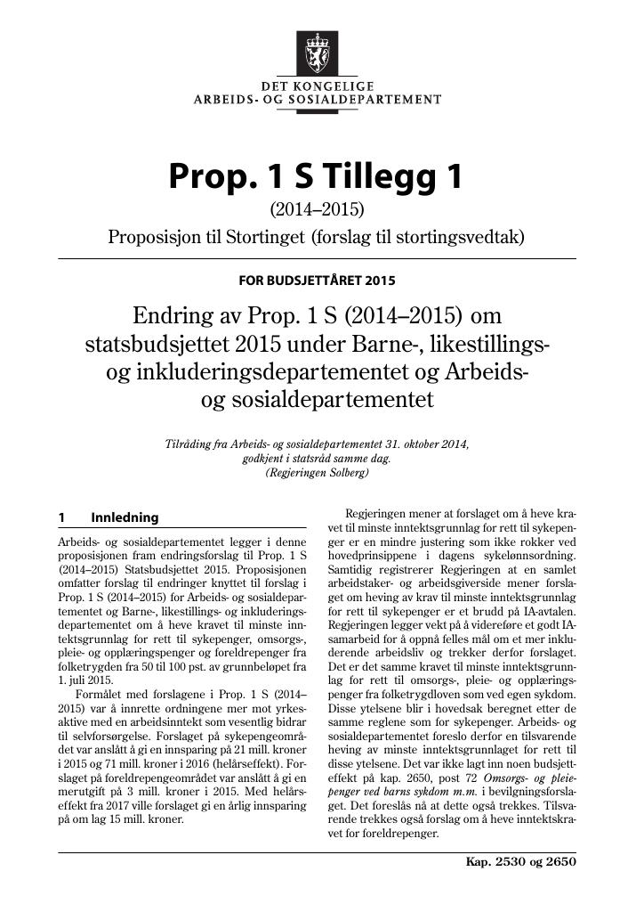 Forsiden av dokumentet Prop. 1 S Tillegg 1 (2014–2015)