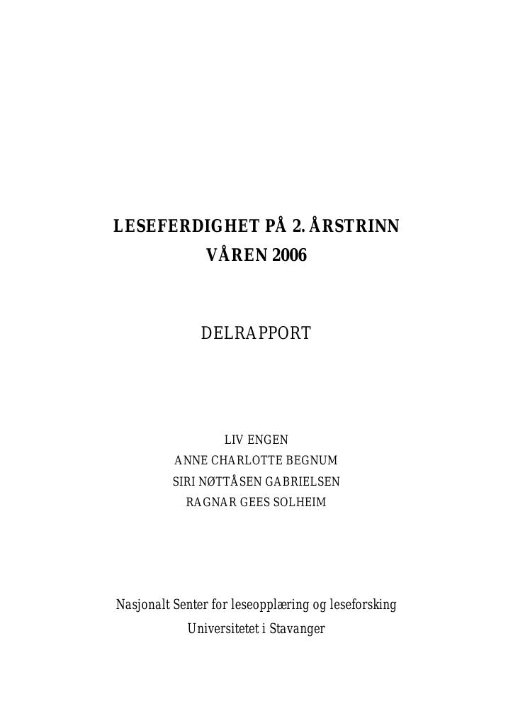 Forsiden av dokumentet Leseferdighet på 2. Årstrinn våren 2006