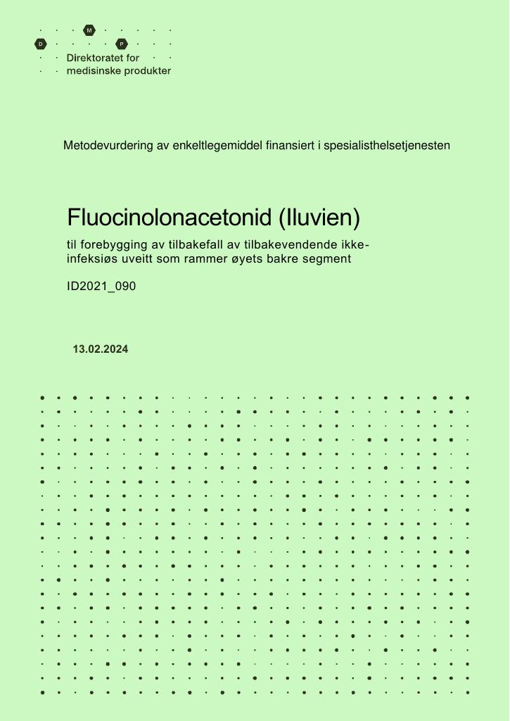 Forsiden av dokumentet Fluocinolonacetonid (Iluvien) til forebygging av tilbakefall av tilbakevendende ikke-infeksiøs uveitt som rammer øyets bakre segment