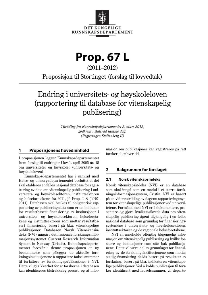 Forsiden av dokumentet Prop. 67 L (2011–2012)