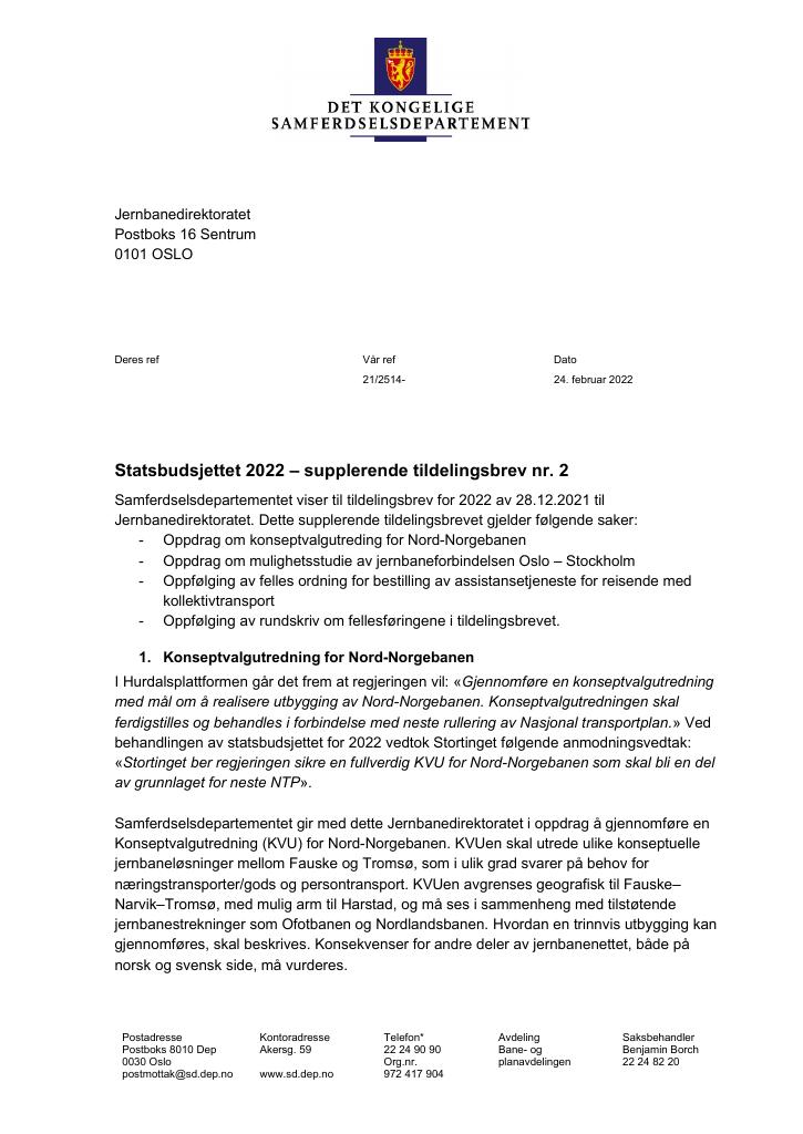 Forsiden av dokumentet Tildelingsbrev Jernbanedirektoratet 2022 - tillegg nr. 2