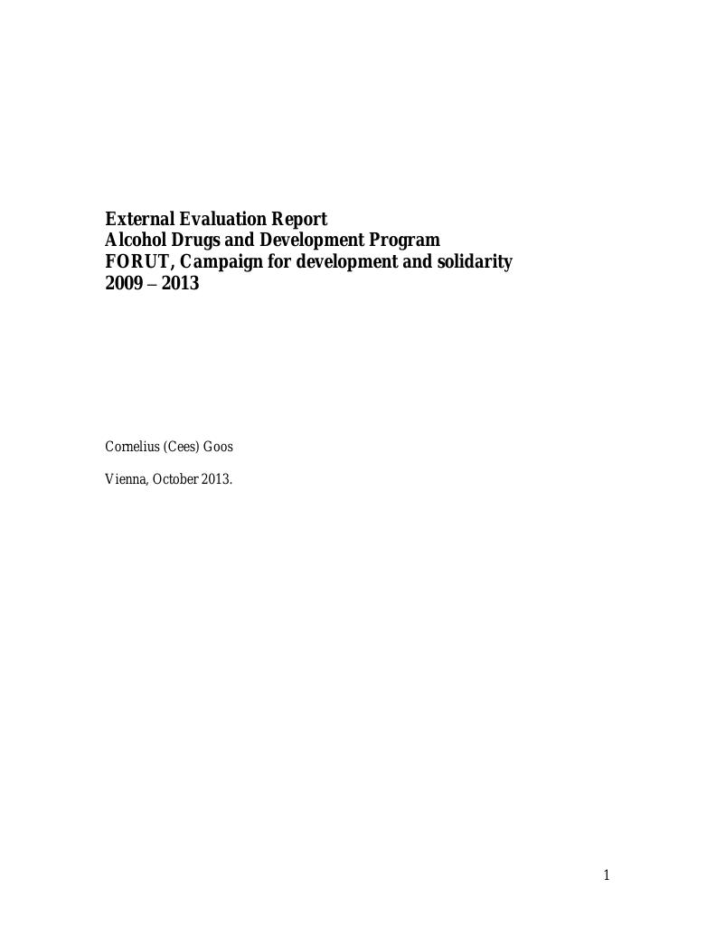Forsiden av dokumentet External Evaluation Report - Alcohol Drugs and Development Program FORUT, Campaign for development and solidarity, 2009 – 2013