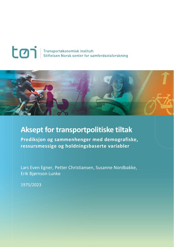 Forsiden av dokumentet Aksept for transportpolitiske tiltak : prediksjon og sammenhenger med demografiske, ressursmessige og holdningsbaserte variabler