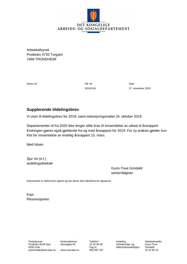 Forsiden av dokumentet Supplerende tildelingsbrev nr. 6 Arbeidstilsynet 2019