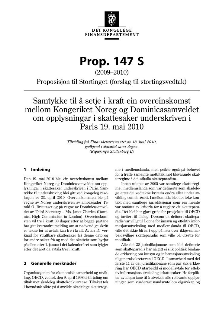 Forsiden av dokumentet Prop. 147 S (2009-2010)