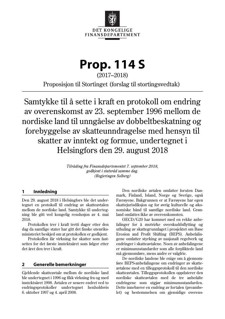Forsiden av dokumentet Prop. 114 S (2017–2018)