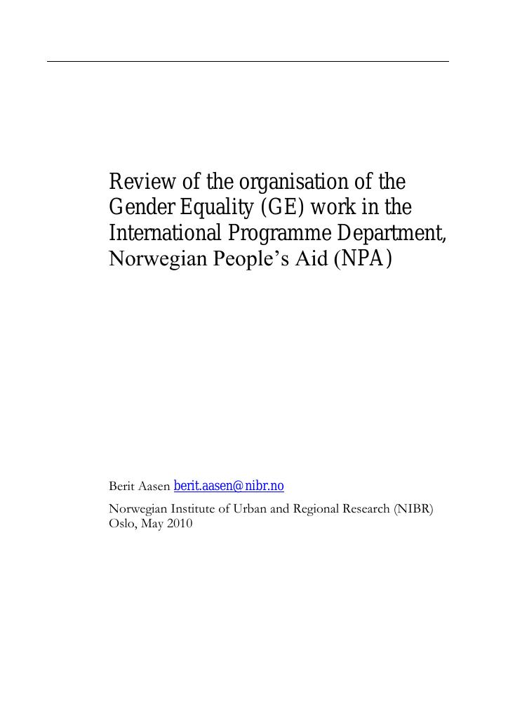 Forsiden av dokumentet Review of the organisation of the Gender Equality (GE) work in the International Programme Department, Norwegian People’s Aid (NPA)