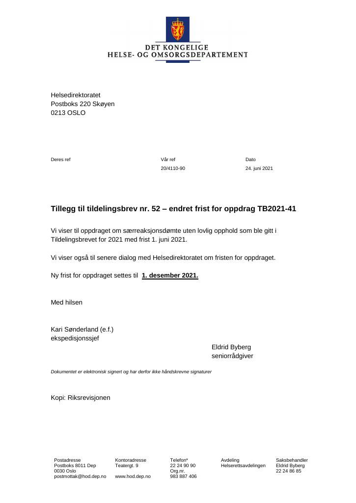 Forsiden av dokumentet Tildelingsbrev Helsedirektoratet 2021 - tillegg nr. 52