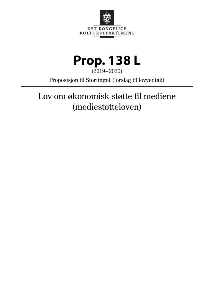 Forsiden av dokumentet Prop. 138 L (2019–2020)