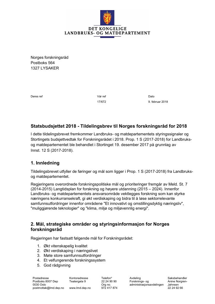 Forsiden av dokumentet Tildelingsbrev Forskningsrådet 2018