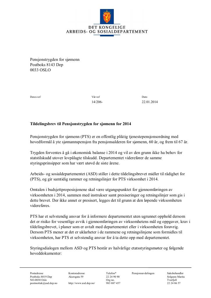 Forsiden av dokumentet Tildelingsbrev (PDF)