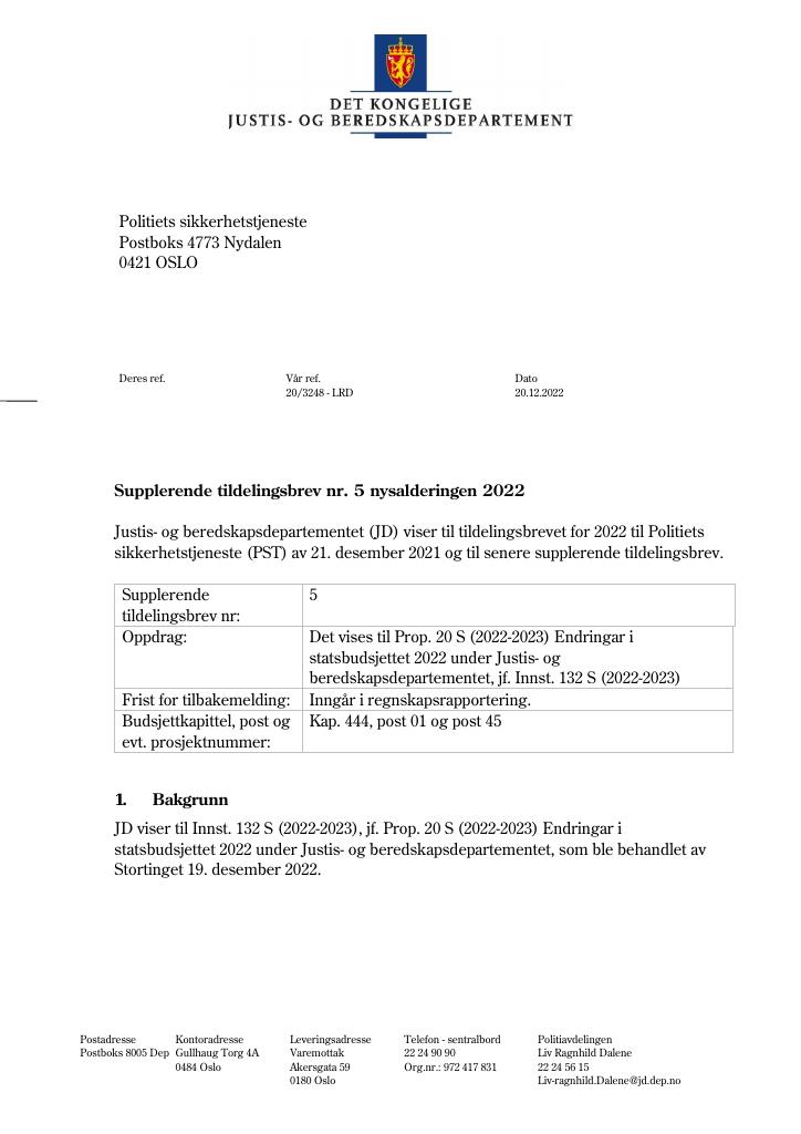 Forsiden av dokumentet Tildelingsbrev PST 2022 - tillegg nr. 5