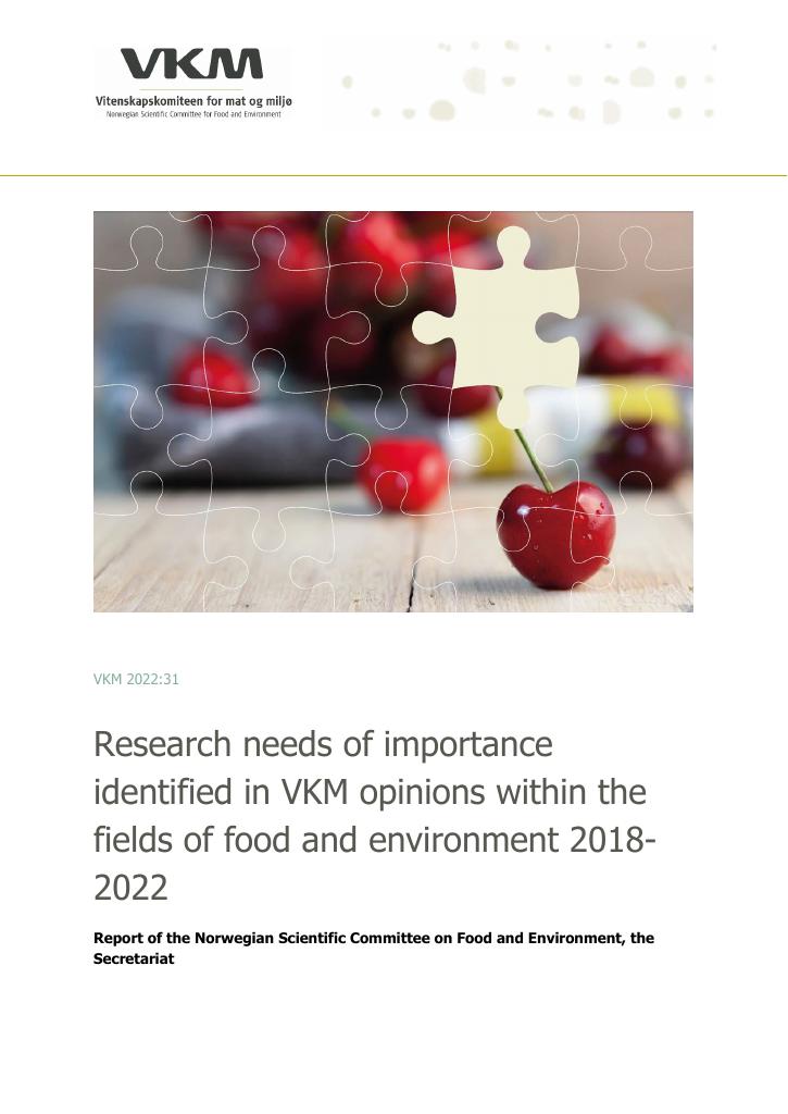 Forsiden av dokumentet Research needs of importance identified in VKM opinions within the fields of food and environment 2018-2022 : report of the Norwegian Scientific Committee on Food and Environment, the Secretariat