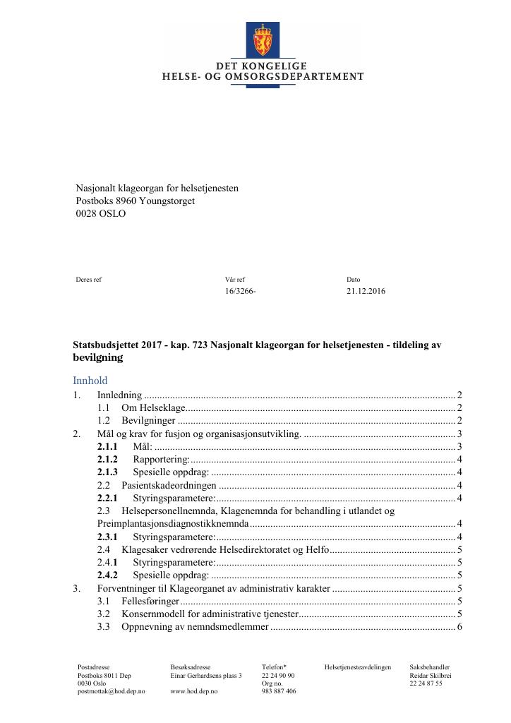 Forsiden av dokumentet Tildelingsbrev (PDF)