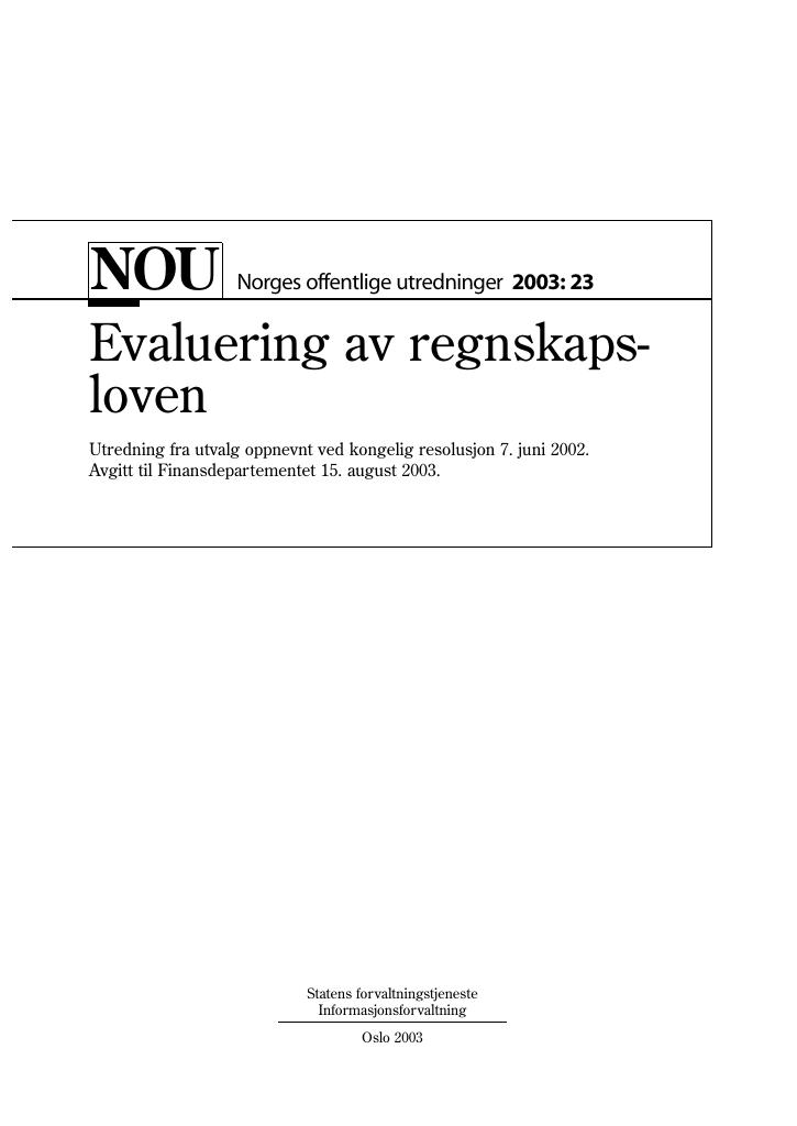 Forsiden av dokumentet NOU 2003: 23 - Evaluering av regnskapsloven