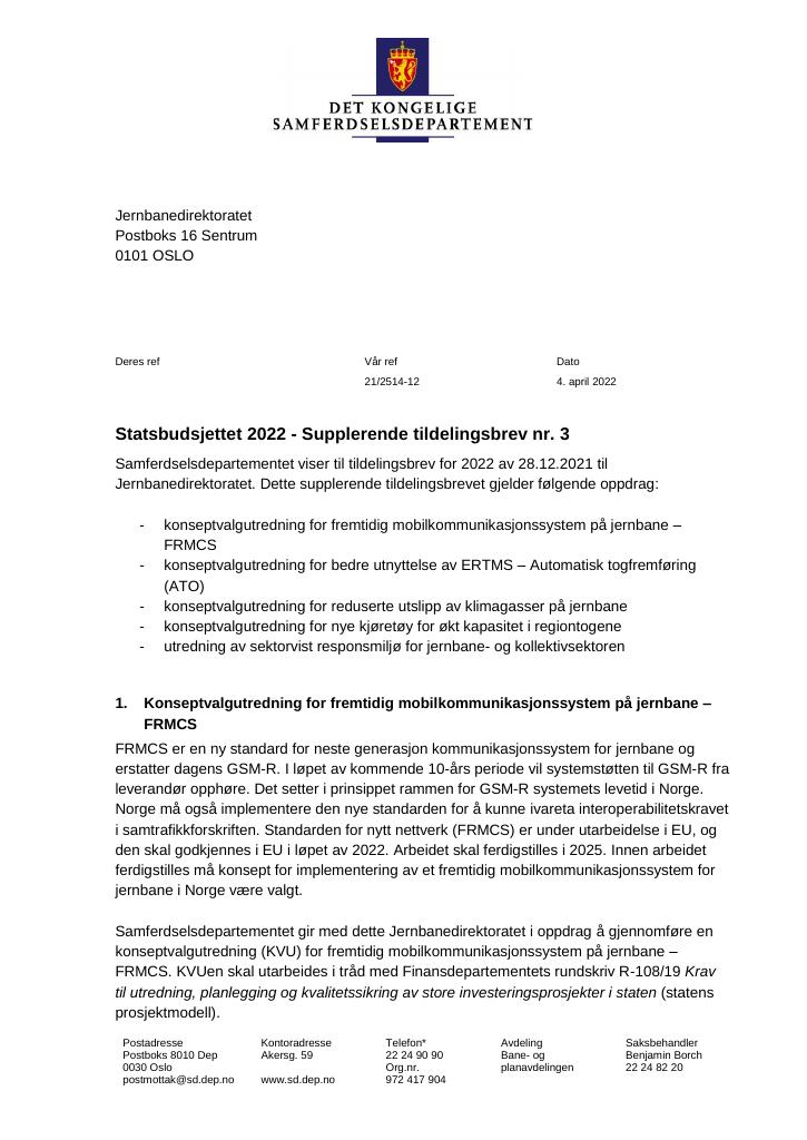 Forsiden av dokumentet Tildelingsbrev Jernbanedirektoratet 2022 - tillegg nr. 3