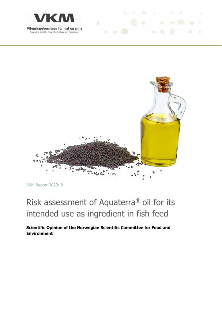 Forsiden av dokumentet Risk assessment of Aquaterra® oil for its intended use as ingredient in fish feed