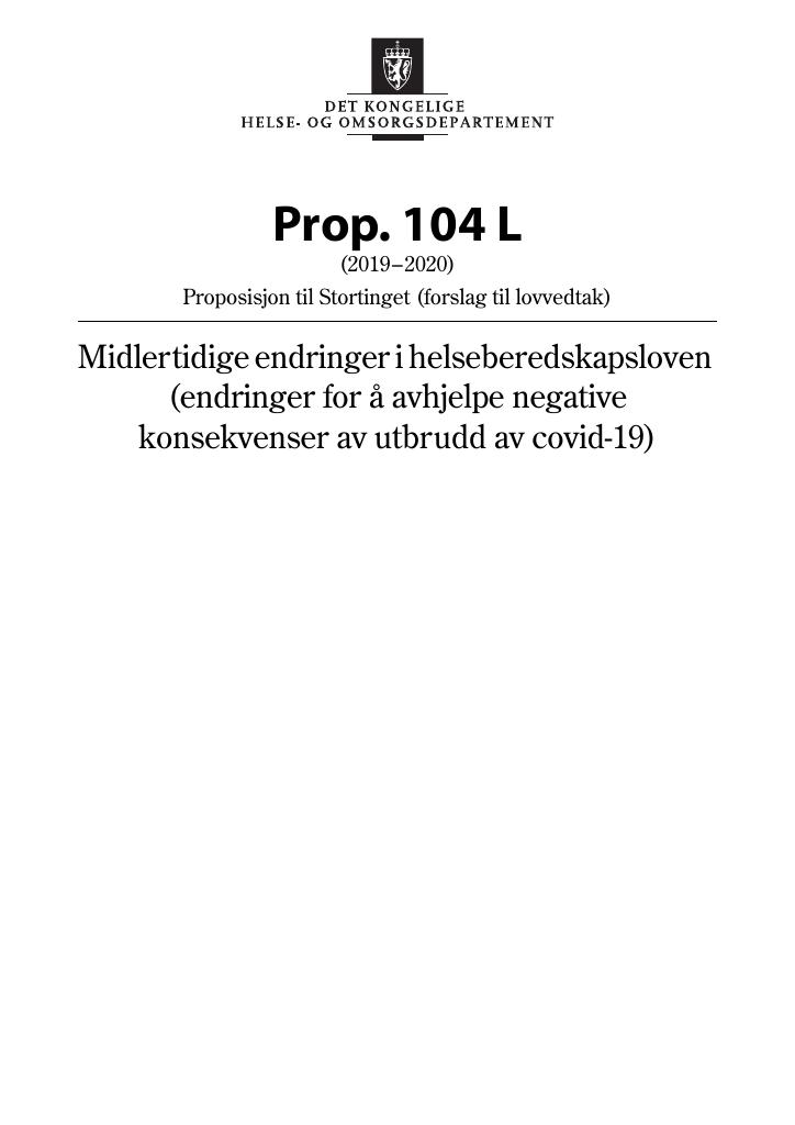 Forsiden av dokumentet Prop. 104 L (2019–2020)