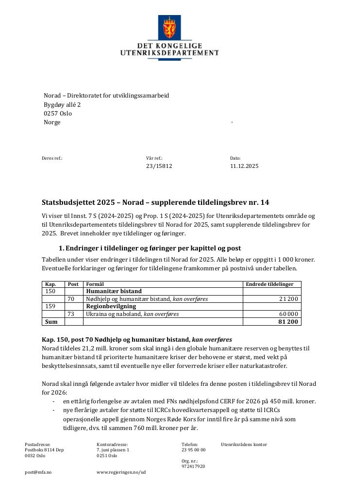 Forsiden av dokumentet Tildelingsbrev Norad 2025 - tillegg nr. 14