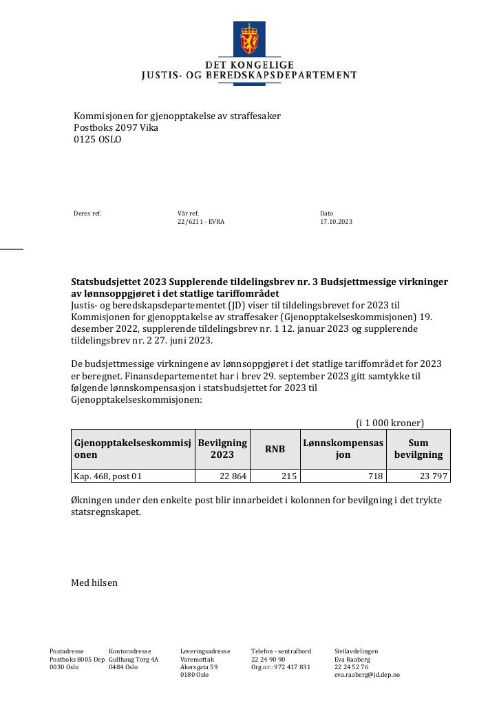 Forsiden av dokumentet Tildelingsbrev Kommisjonen for gjenopptakelse av straffesaker 2023 - tillegg nr. 3