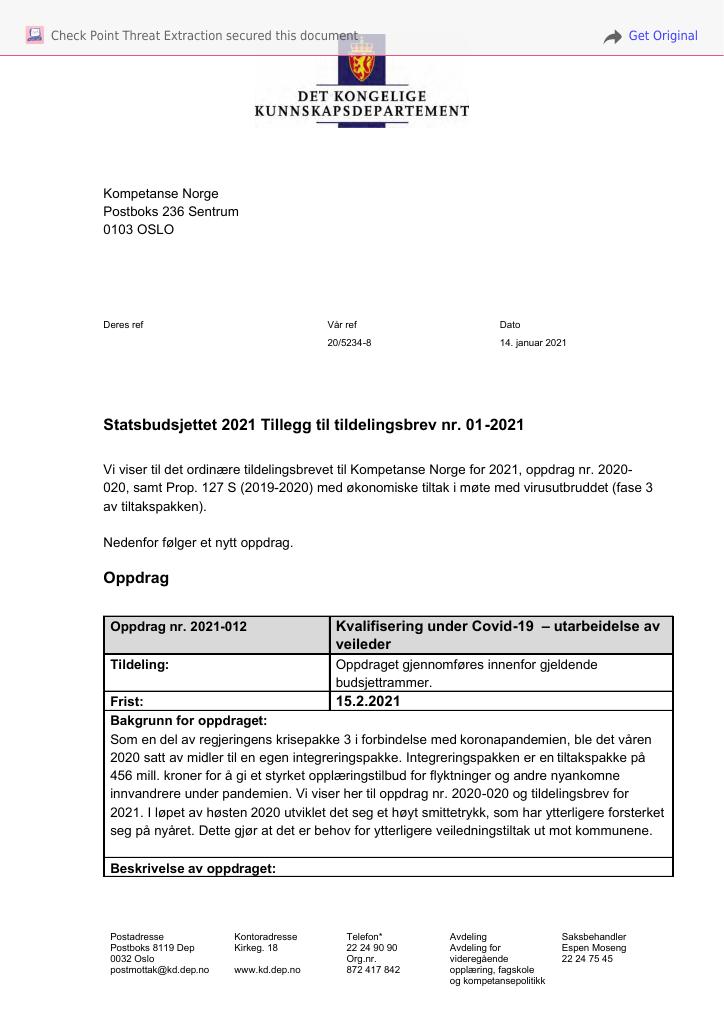 Forsiden av dokumentet Tildelingsbrev Kompetanse Norge 2021 - tillegg nr. 1