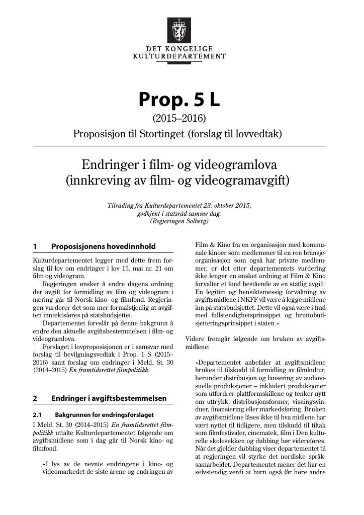 Forsiden av dokumentet Prop. 5 L (2015–2016)