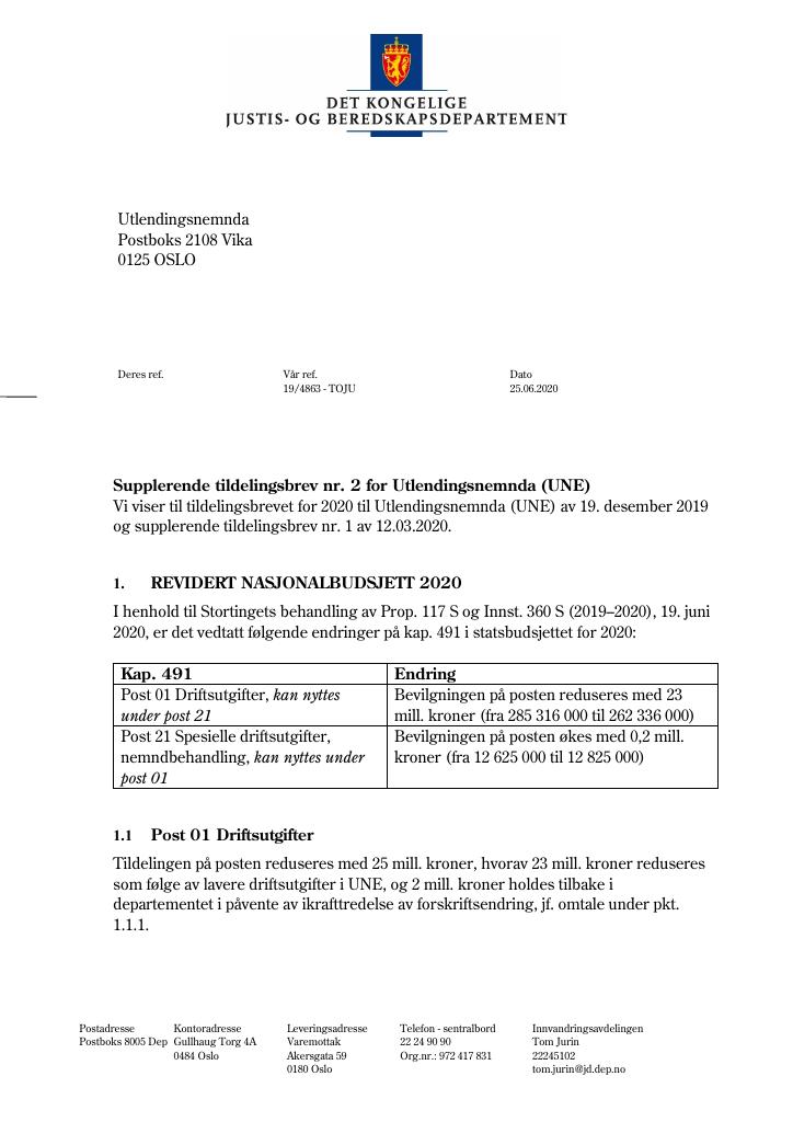 Forsiden av dokumentet Supplerende tildelingsbrev Utlendingsnemnda 2020 - nr. 2