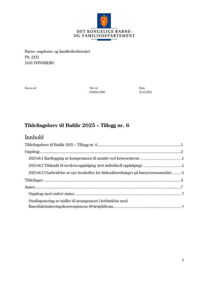 Forsiden av dokumentet Tildelingsbrev Bufdir 2025 - tillegg nr. 6