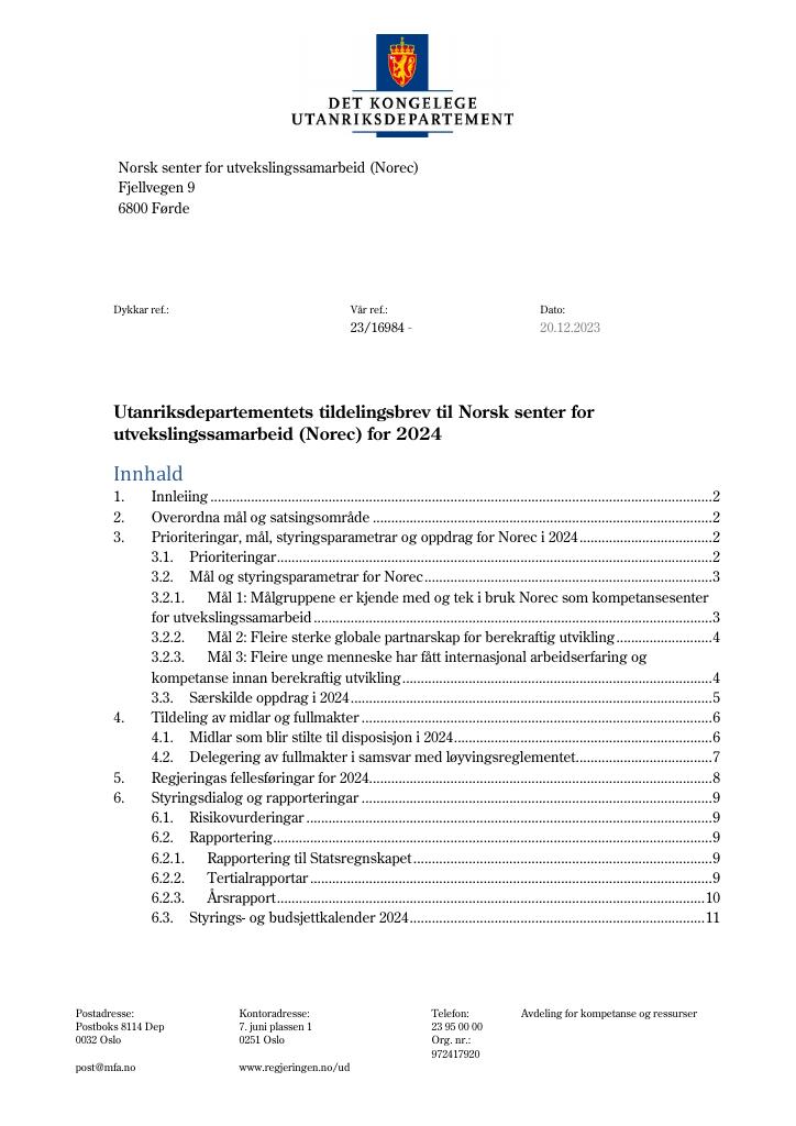 Forsiden av dokumentet Tildelingsbrev Norec 2024