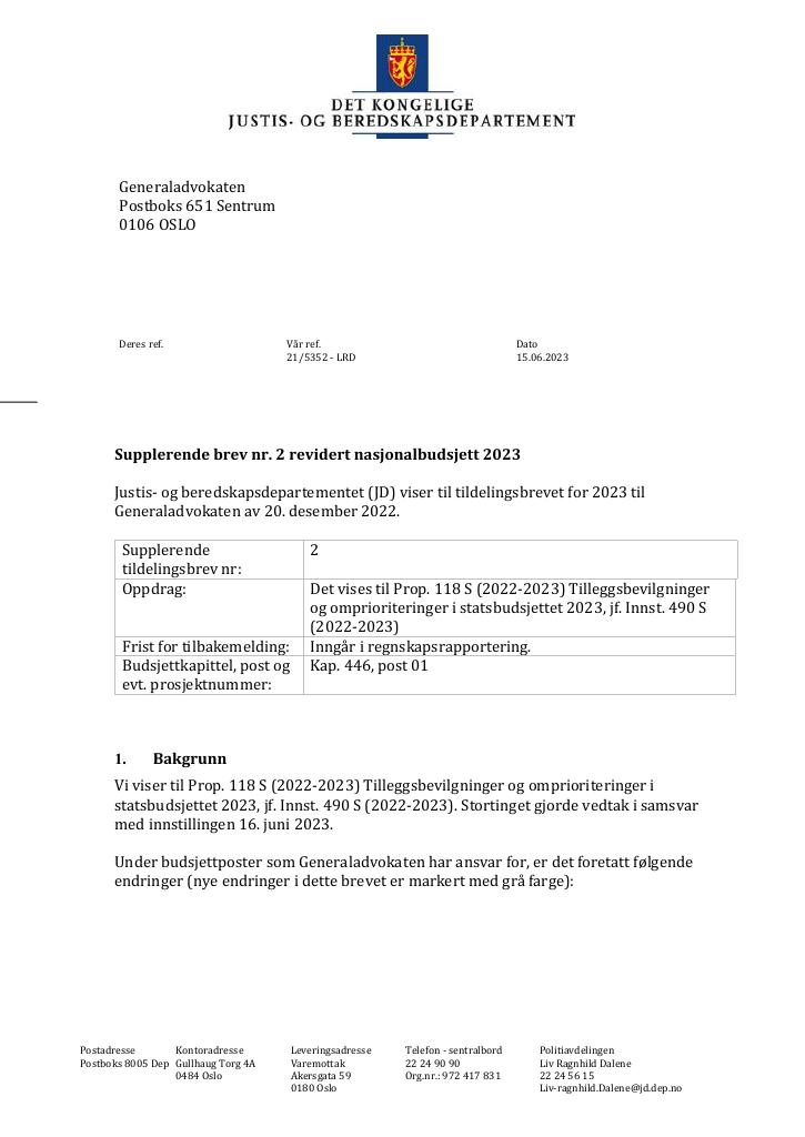 Forsiden av dokumentet Tildelingsbrev Generaladvokaten (Den militære påtalemyndighet) 2023 - tillegg nr. 2