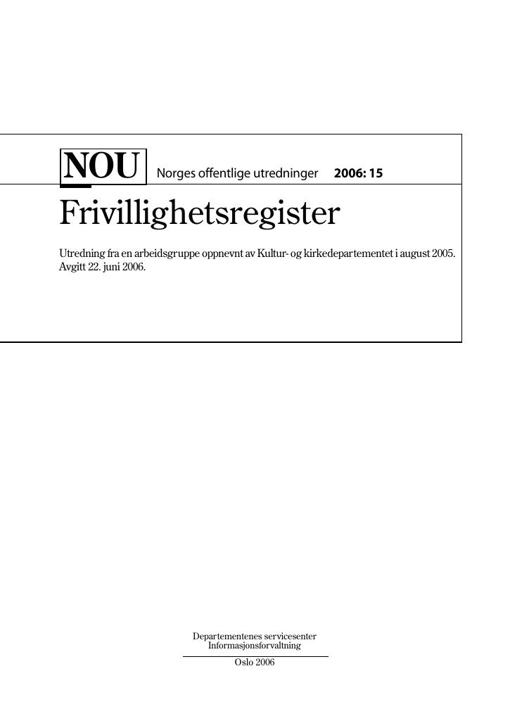 Forsiden av dokumentet NOU 2006: 15 - Frivillighetsregister