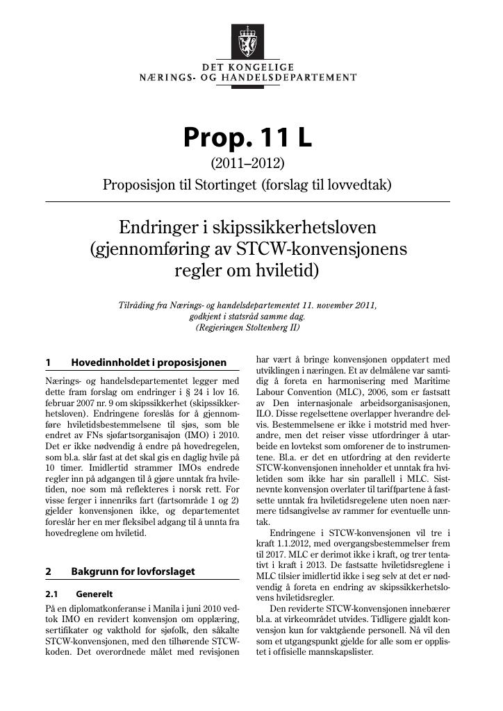 Forsiden av dokumentet Prop. 11 L (2011–2012)