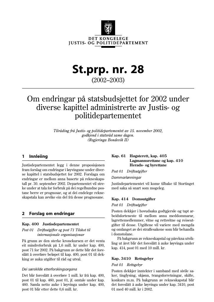 Forsiden av dokumentet St.prp. nr. 28 (2002-2003)