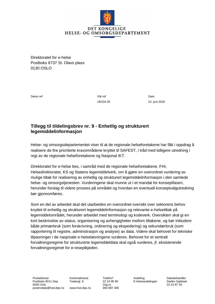 Forsiden av dokumentet Tildelingsbrev Direktoratet for e-helse 2022 - tillegg nr. 9