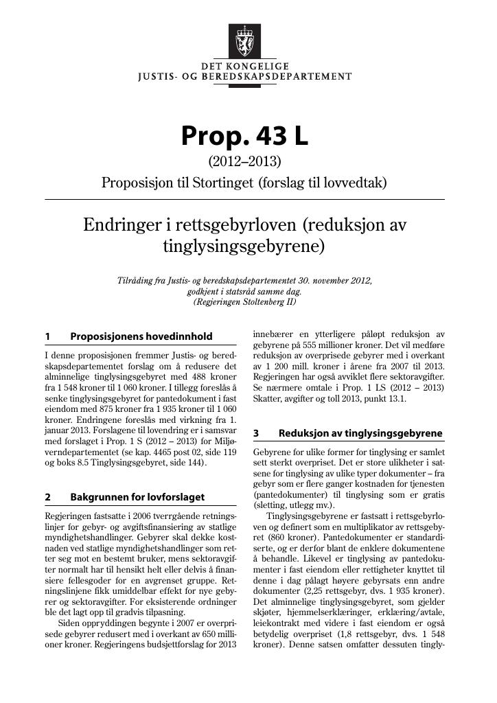 Forsiden av dokumentet Prop. 43 L (2012–2013)