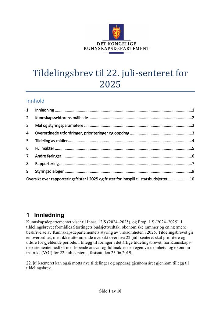 Forsiden av dokumentet Tildelingsbrev 22. juli-senteret 2025