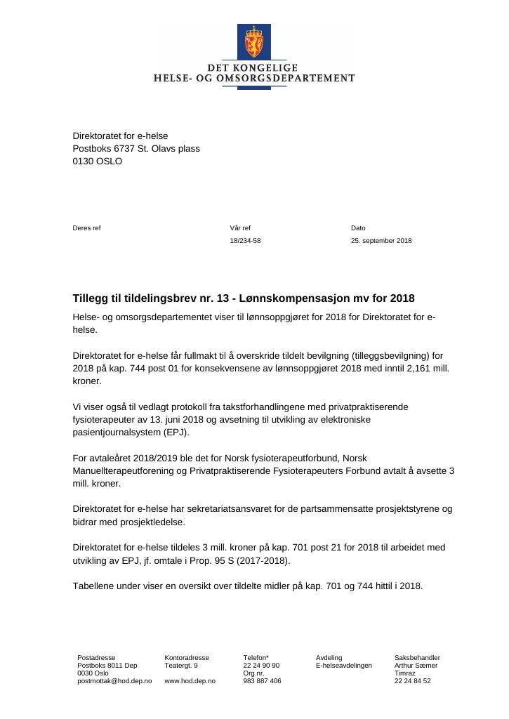 Forsiden av dokumentet Tildelingsbrev Direktoratet for e-helse 2022 - tillegg nr. 13