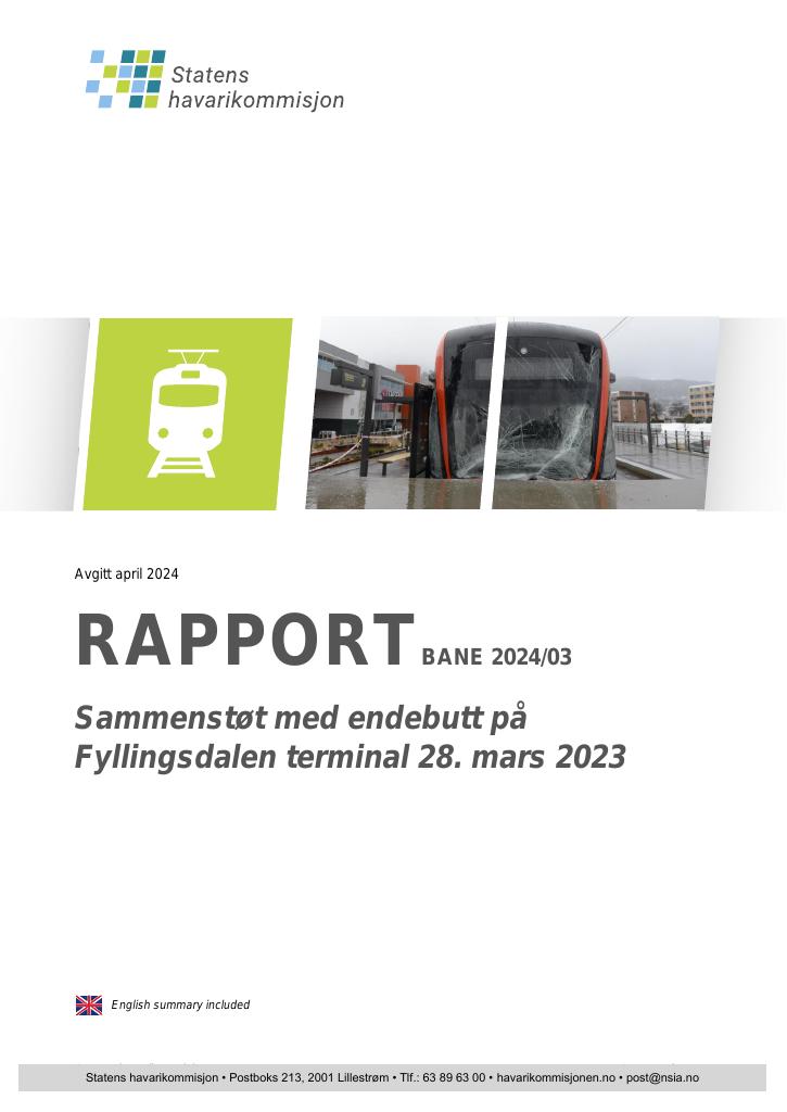 Forsiden av dokumentet Rapport om sammenstøt med endebutt på Fyllingsdalen terminal 28. mars 2023