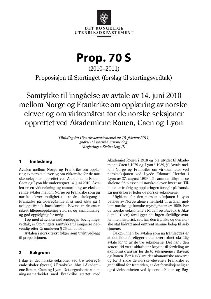 Forsiden av dokumentet Prop. 70 S (2010–2011)