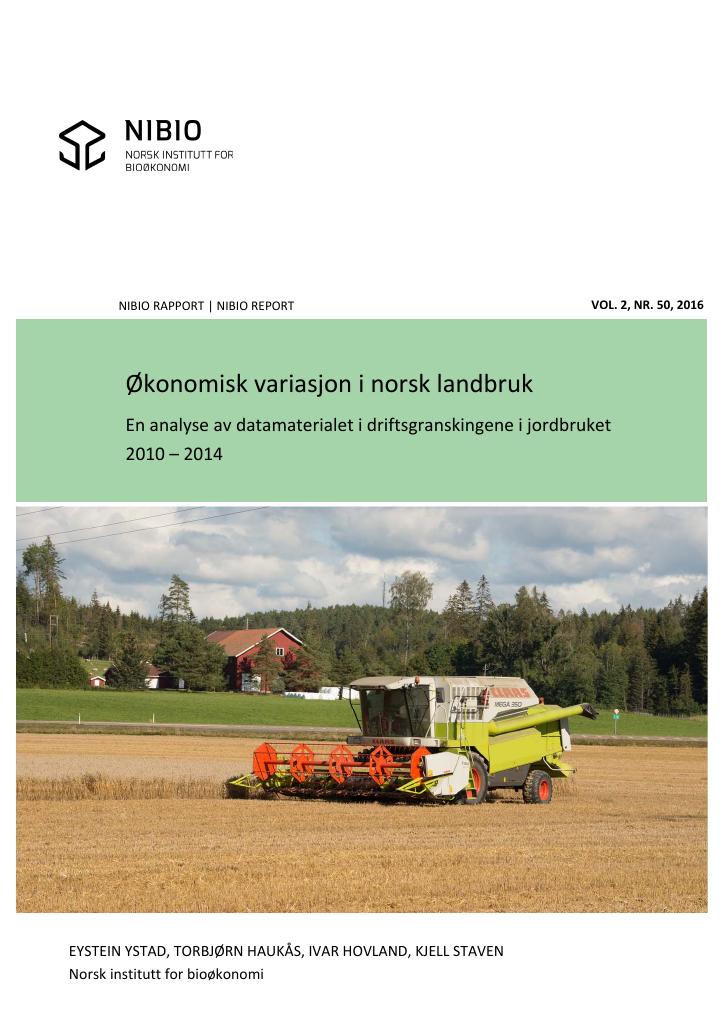 Forsiden av dokumentet Økonomisk variasjon i norsk landbruk : en analyse av datamaterialet i driftsgranskingene i jordbruket 2010 – 2014