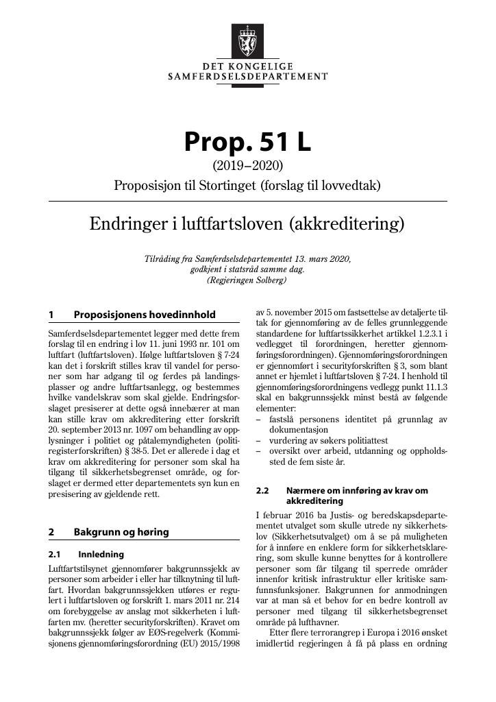 Forsiden av dokumentet Prop. 51 L (2019–2020)