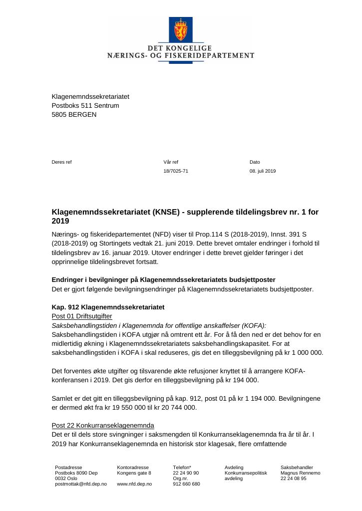 Forsiden av dokumentet Supplerende tildelingsbrev nr. 1 Klagenemndssekretariatet 2019