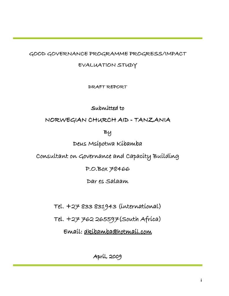 Forsiden av dokumentet ‘NCA TANZANIA GOOD GOVERNANCE THEMATIC AREA PROGRESS AND IMPACT EVALUATION STUDY-2008/09’