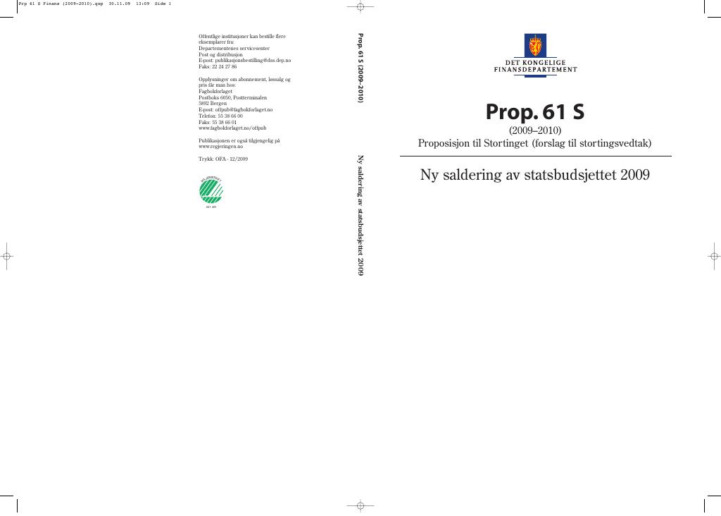 Forsiden av dokumentet Prop. 61 S (2009-2010)