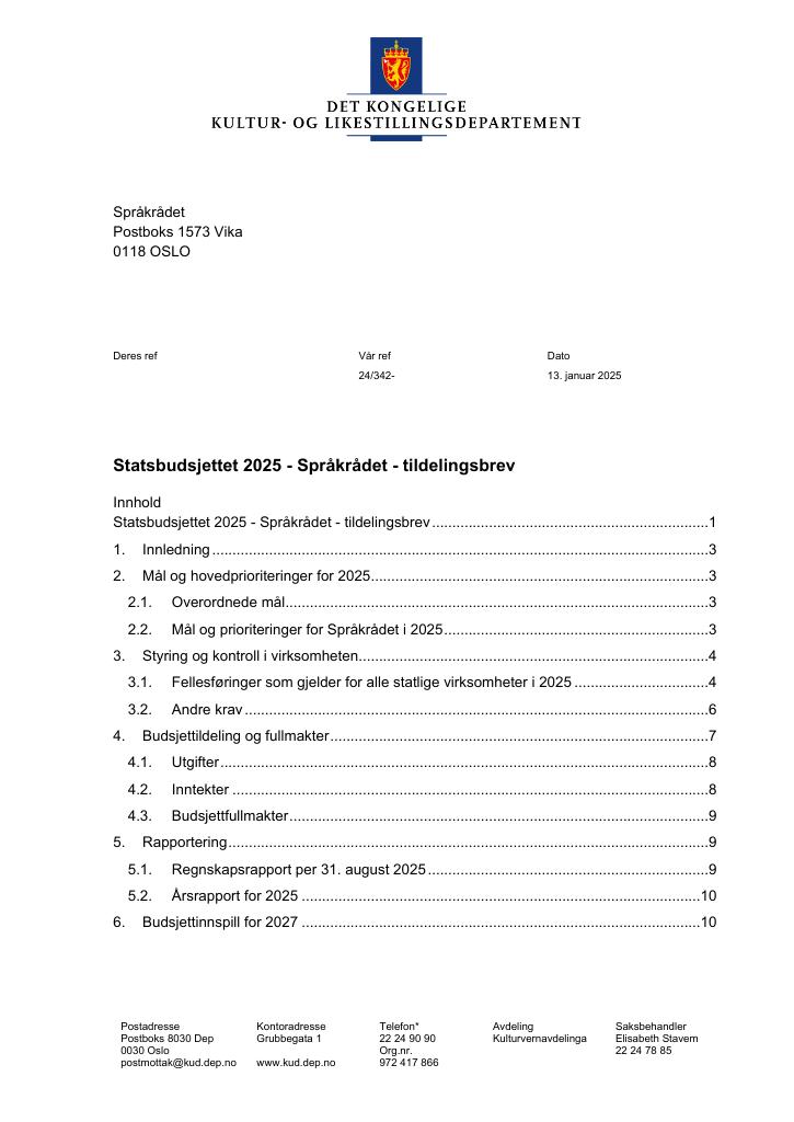 Forsiden av dokumentet Tildelingsbrev Språkrådet 2025